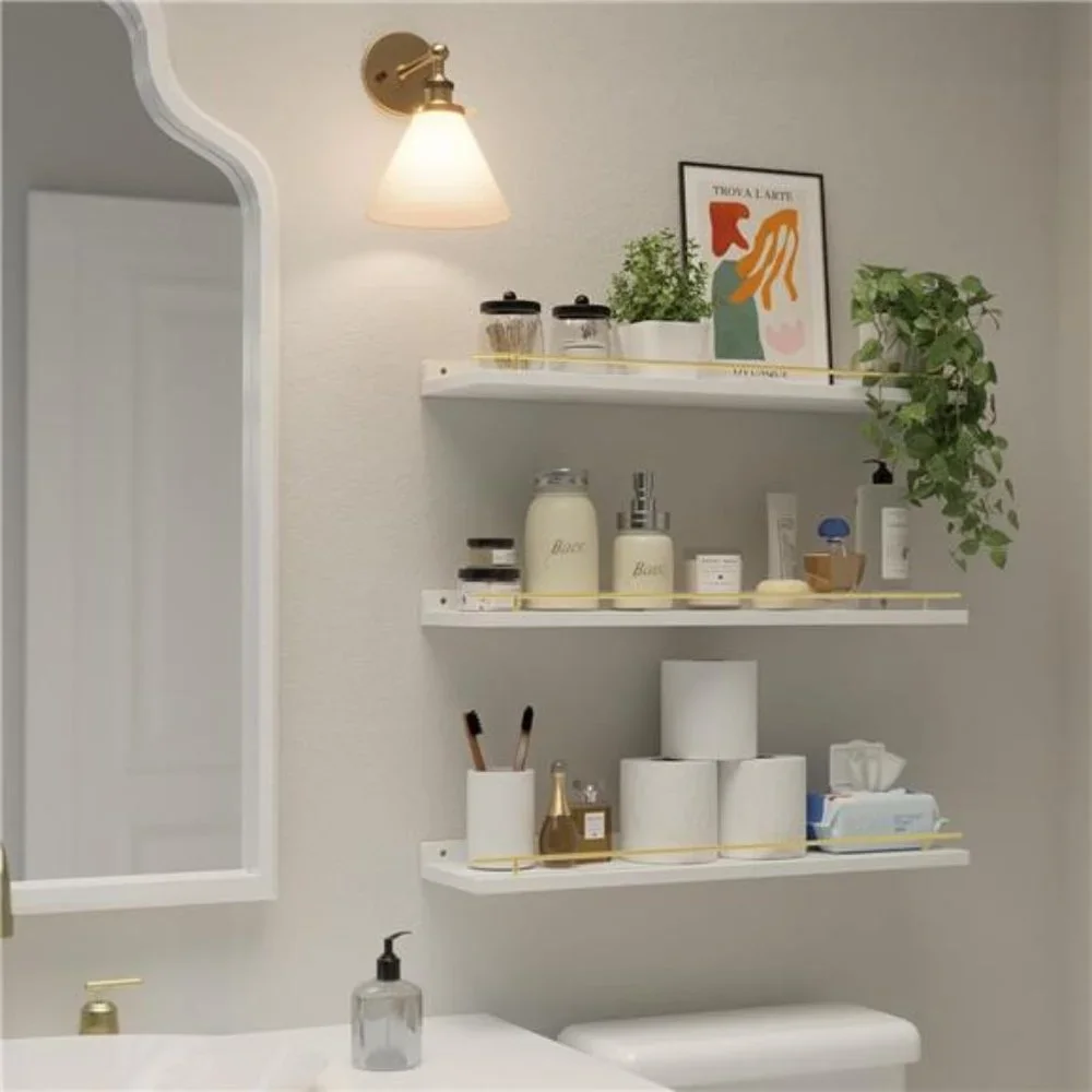 Floating Shelves 24 inches with‎ Gold Metal Guardrail, Wall Decor Set of 3